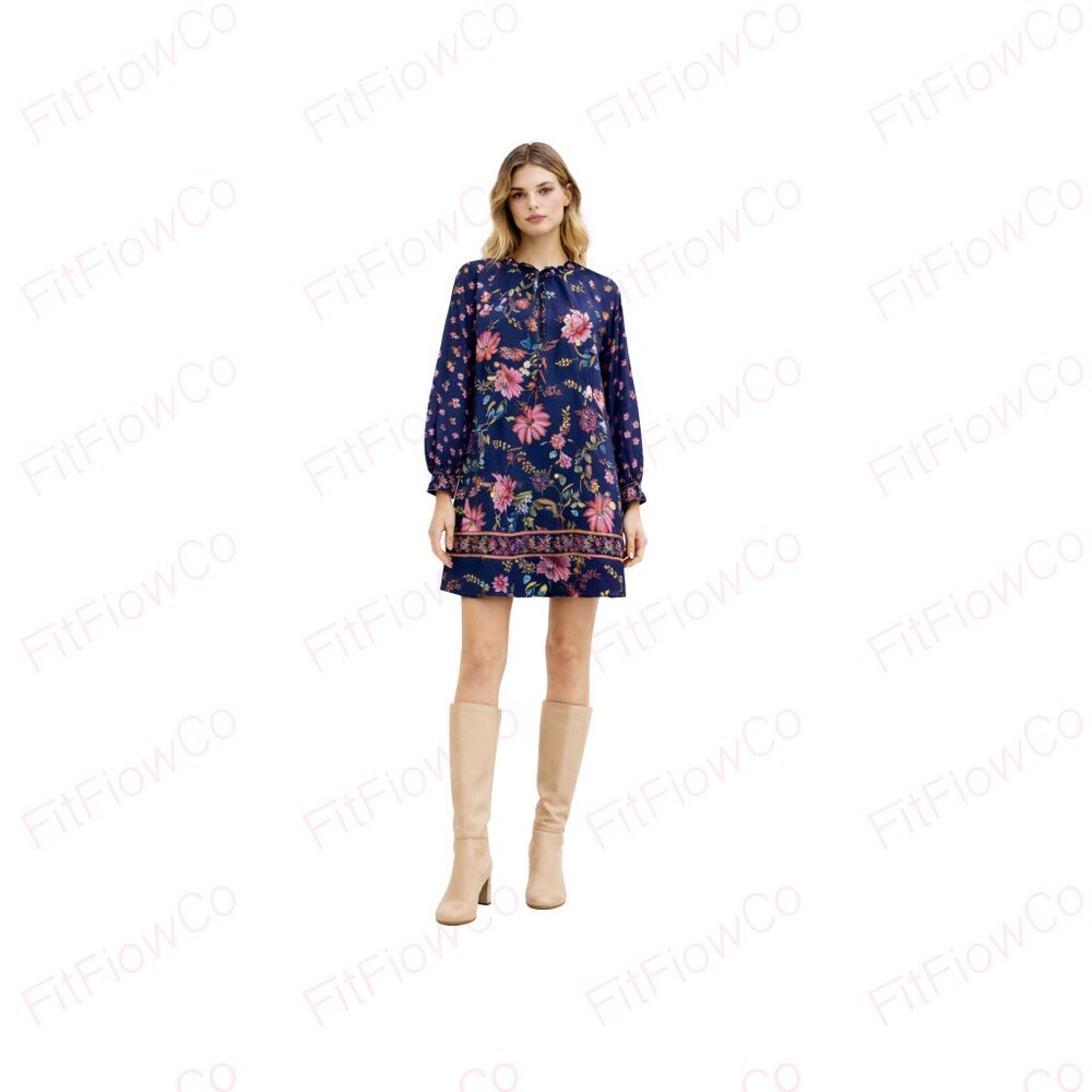 LOFT Navy Floral Shift Dress Long Sleeve Border Print Hem Petite SP EUC
